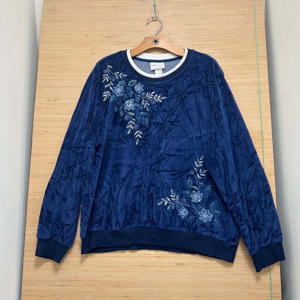 Alfred Dunner Navy Blue Crushed Velour Floral Embroidered Sequin Top Large